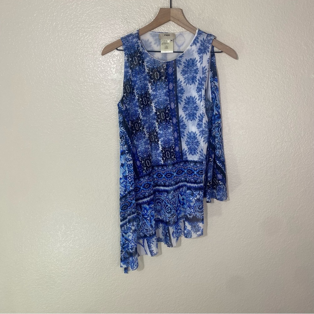 FUZZI Jean Paul Gaultier Mesh Tank Top layered panels Asymmetrical Blue Size M